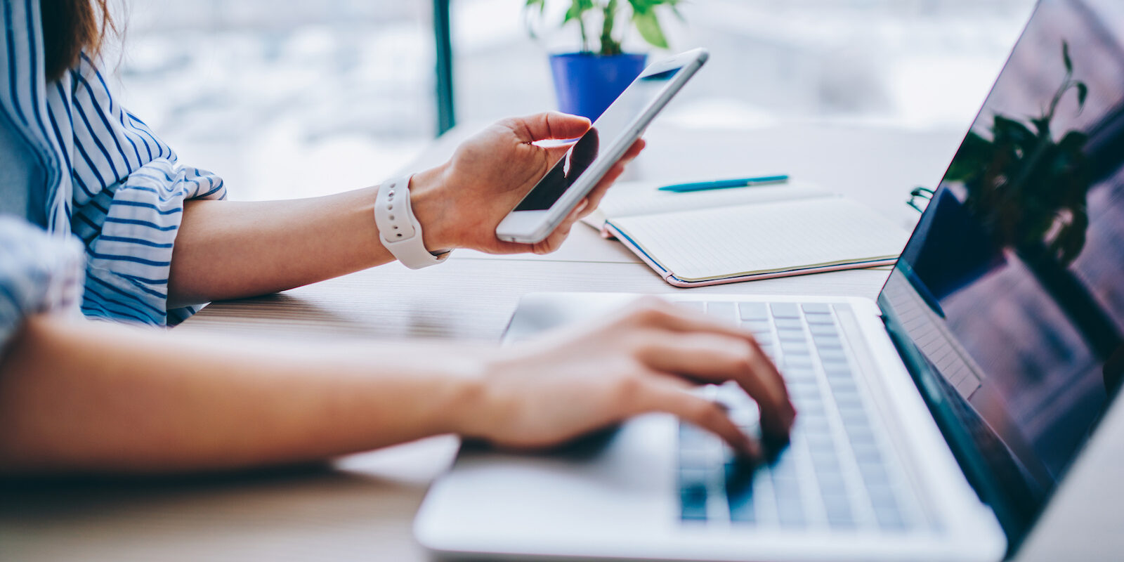 Cropped image of female holding smartphone getting message with confirmation making transaction on laptop computer,woman using mobile phone app for synchronizing data with netbook via bluetooth